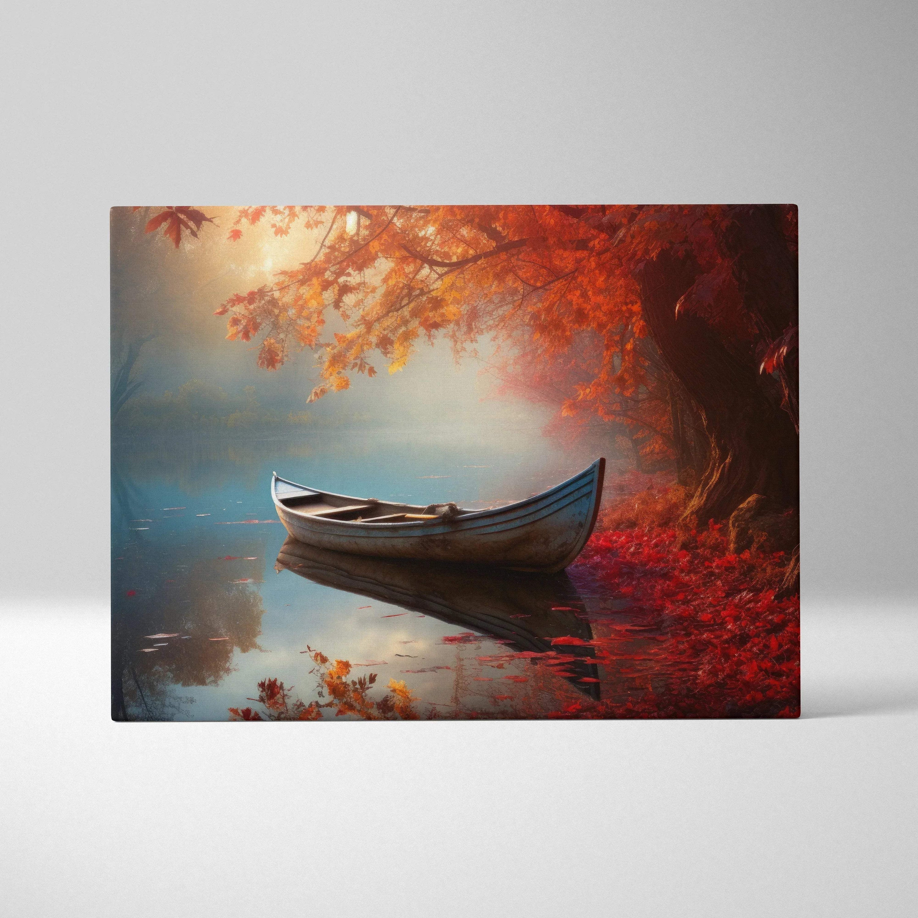 Autumn digital art canvas wall art with vibrant orange leaves and a boat on calm water.