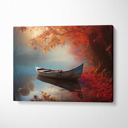 Autumn nature digital art canvas with a rowboat on calm water under vibrant orange leaves wall art.