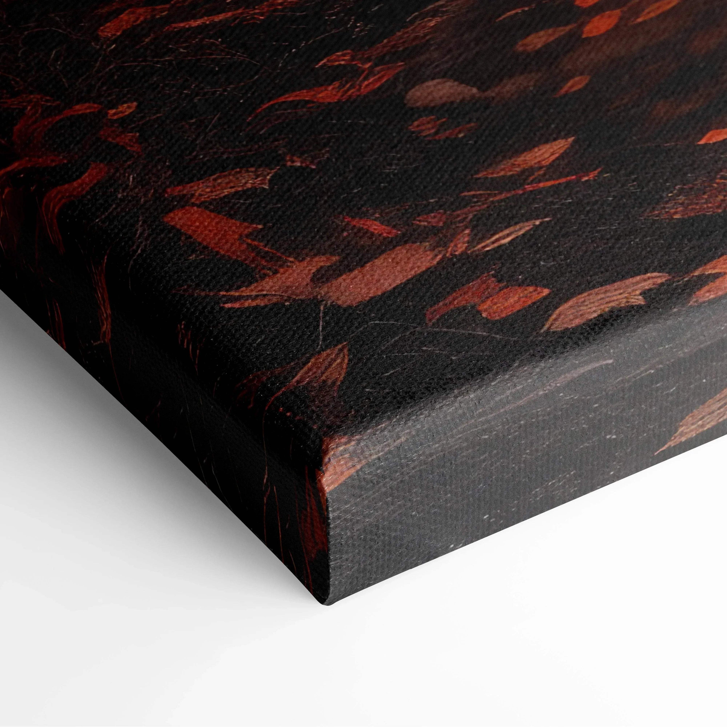 Dark canvas art featuring deep red and orange autumn leaves for vibrant wall art decor.