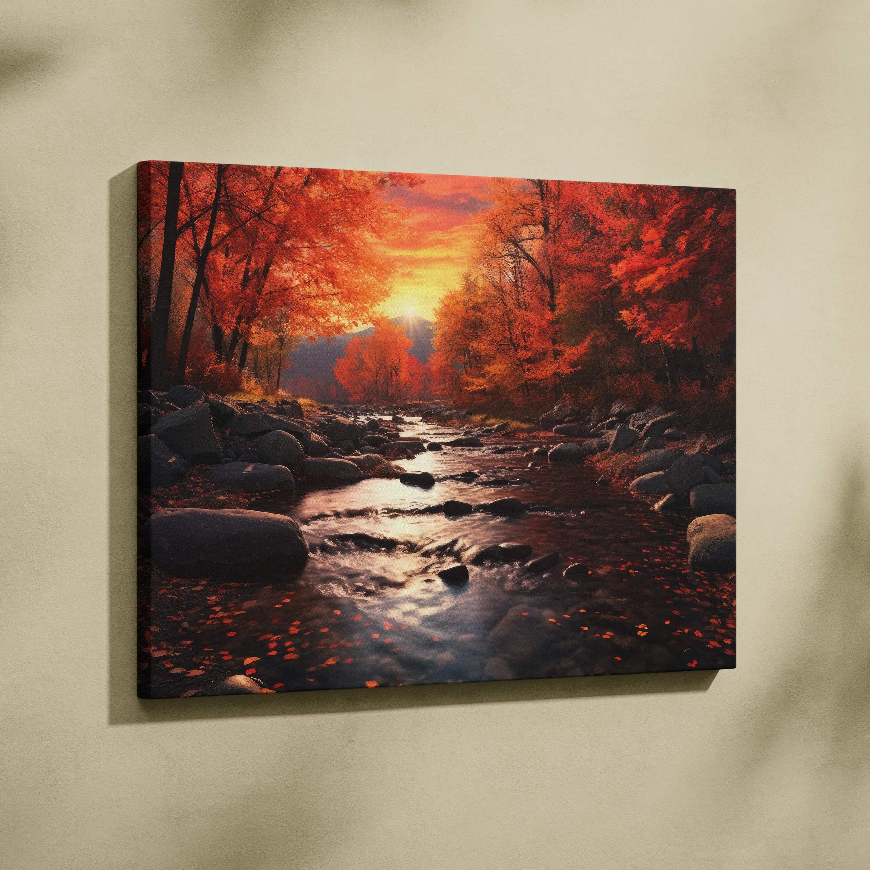 Autumn sunset digital art canvas wall art with golden hues and fall foliage over a rocky stream.
