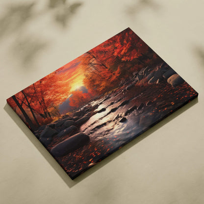 Canvas art of vibrant autumn sunset over rocky stream with golden and red fall foliage wall art.