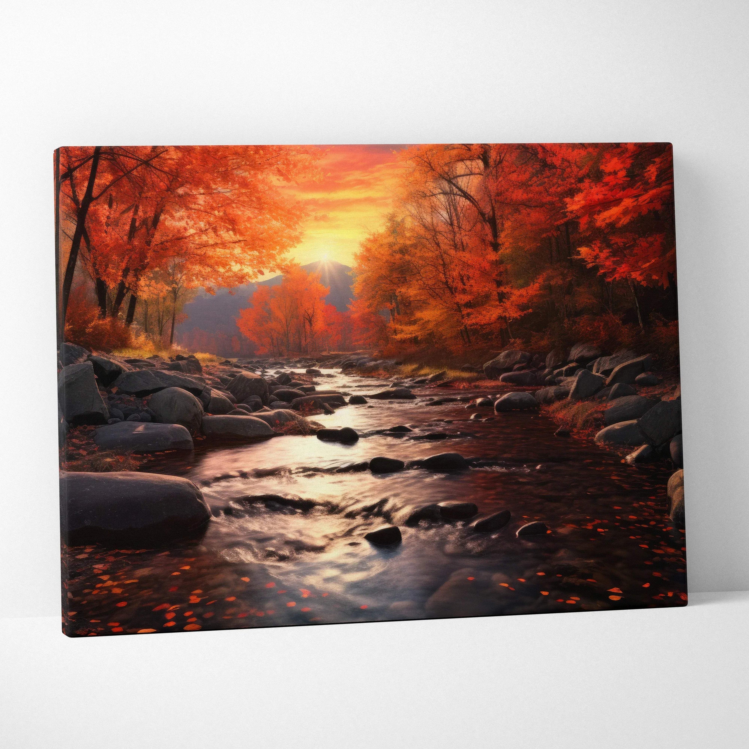 Canvas art featuring vibrant autumn sunset over a rocky stream with golden fall foliage wall art decor.