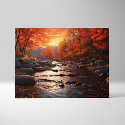Autumn sunset canvas art with golden hues and vibrant fall foliage over a rocky river scene wall art.