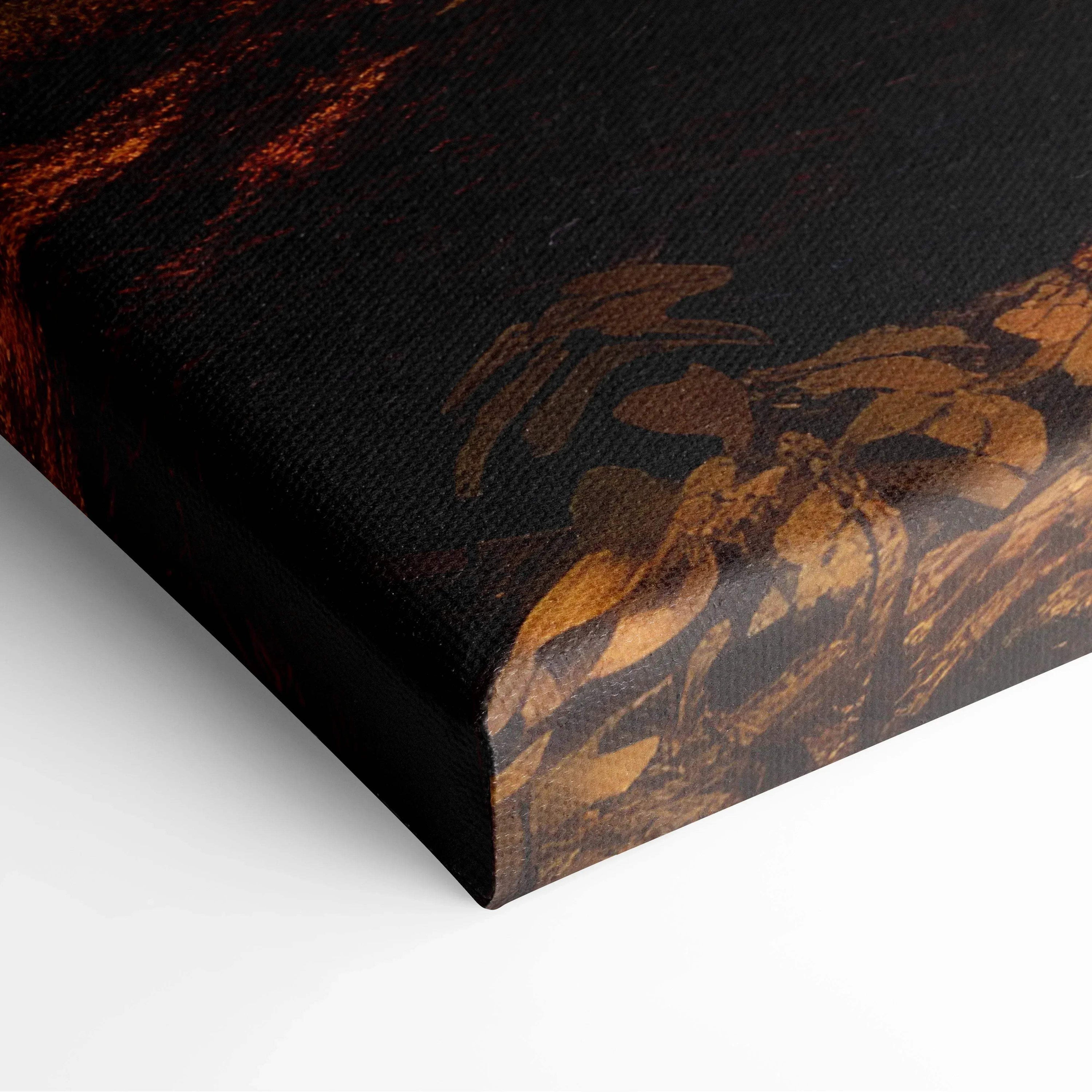 Close-up of black canvas art with detailed autumn leaf patterns in warm brown tones on wall art edge.