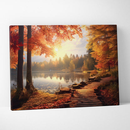 Autumn forest and lake with golden leaves and wooden path canvas wall art.