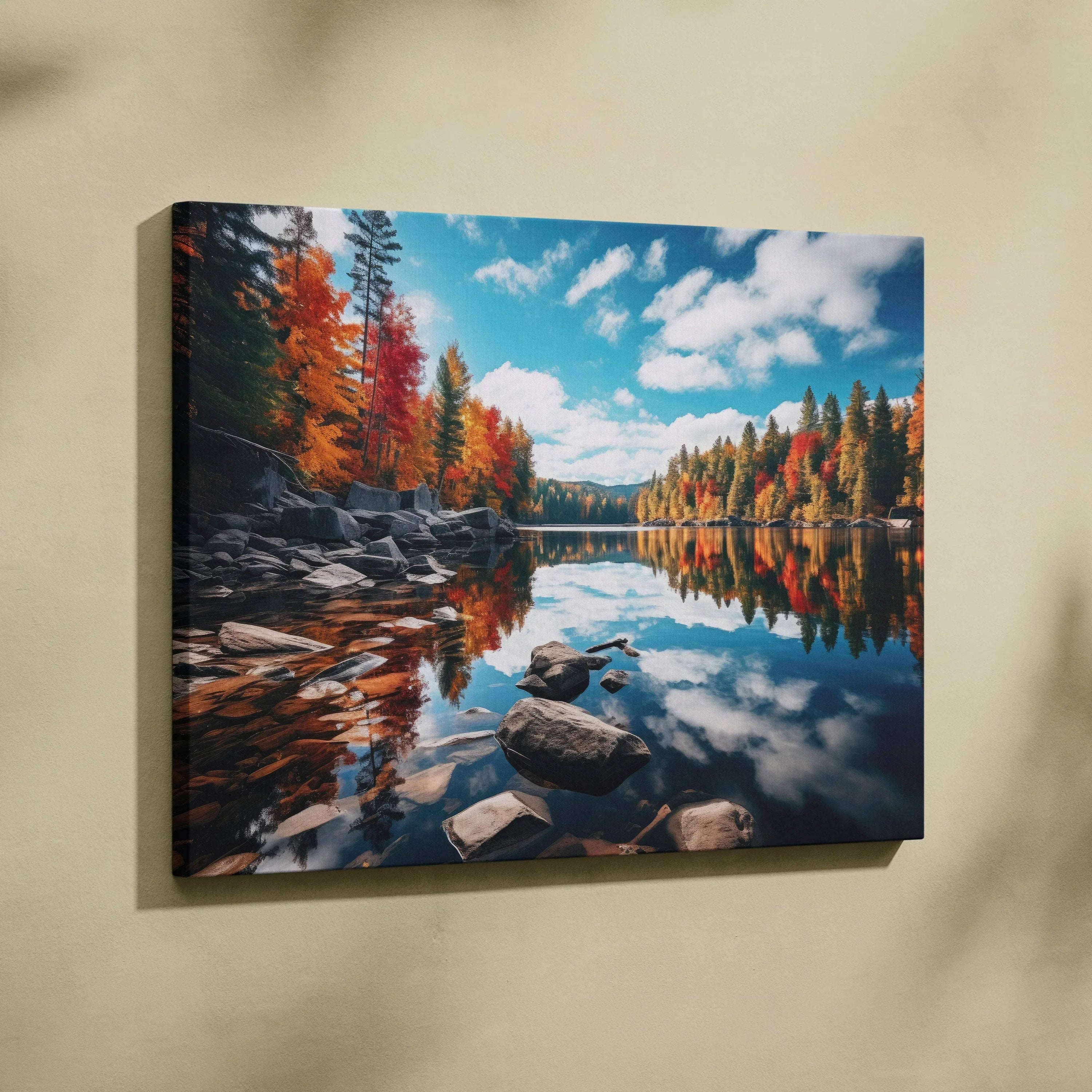 Vibrant autumn forest reflected in calm lake on colorful digital art canvas wall art.