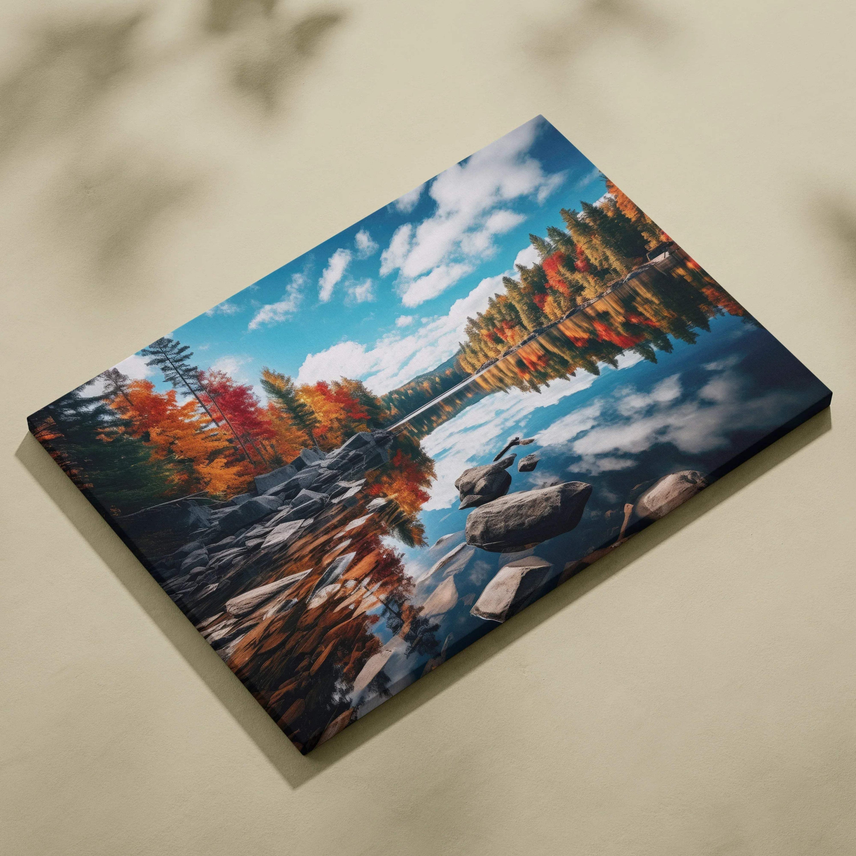 Vibrant autumn forest landscape canvas art with colorful foliage and reflective water, wall art print.