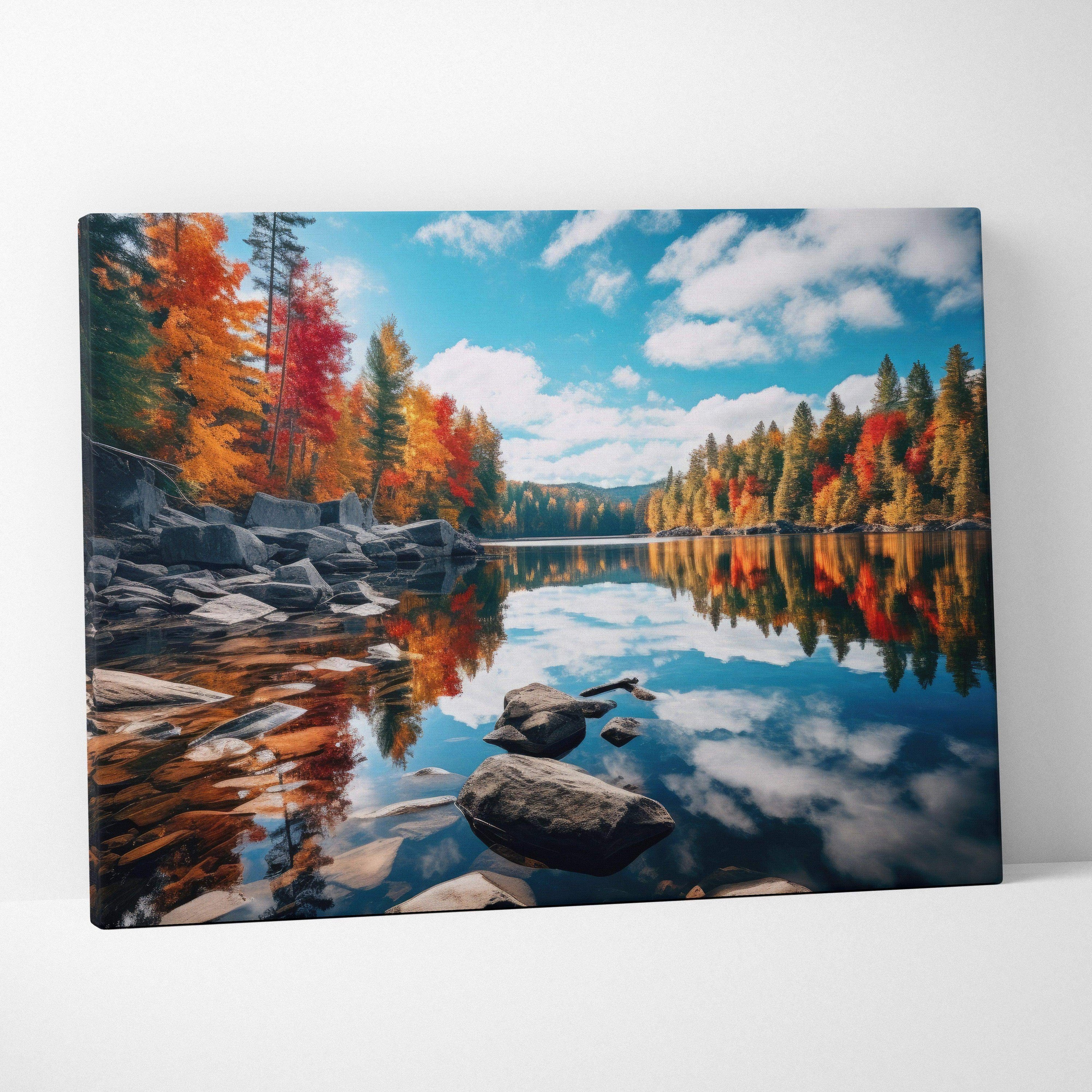 Autumn forest landscape canvas art with vibrant foliage reflected in calm lake water.
