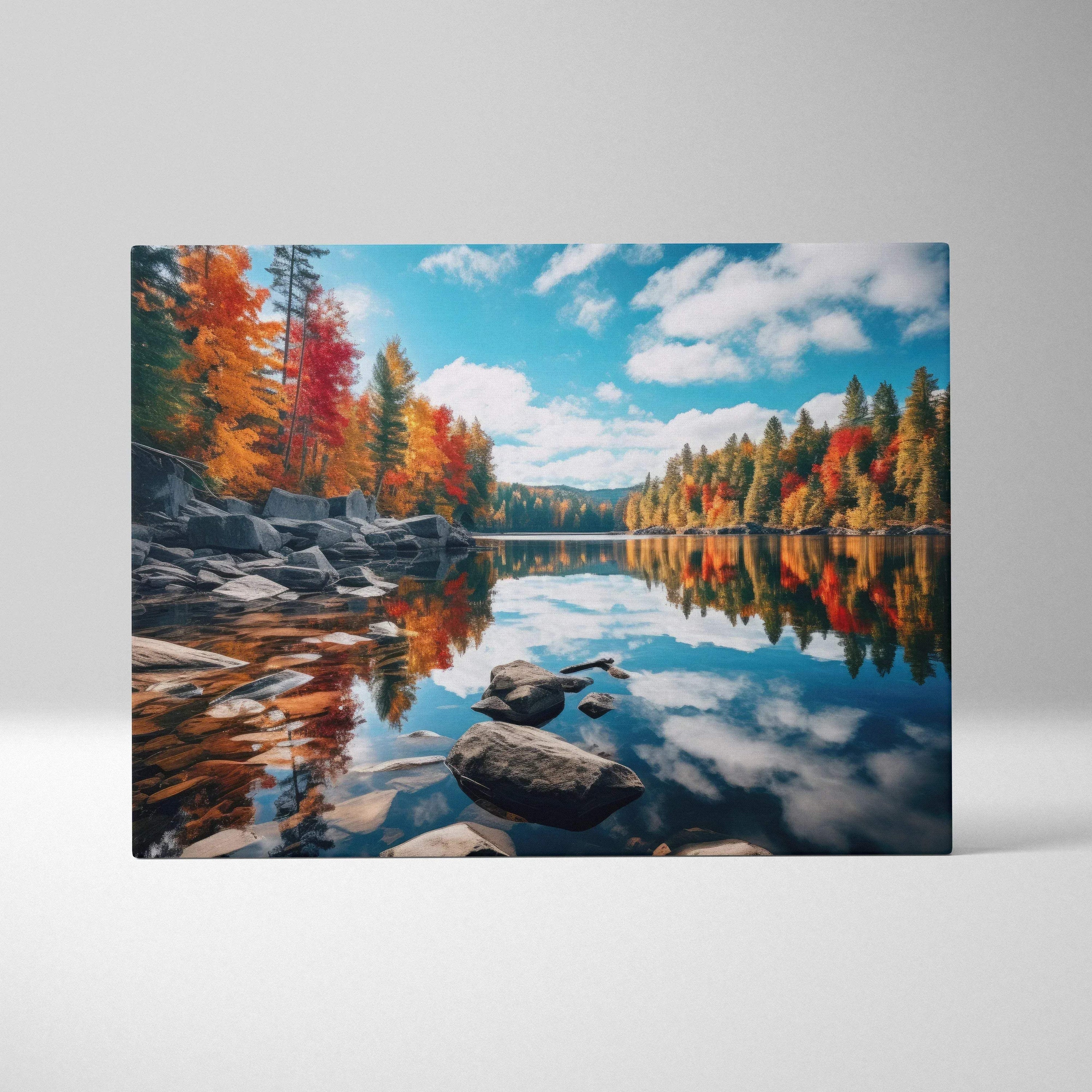Vibrant autumn foliage and serene lake reflection digital art canvas wall art with blue sky clouds.