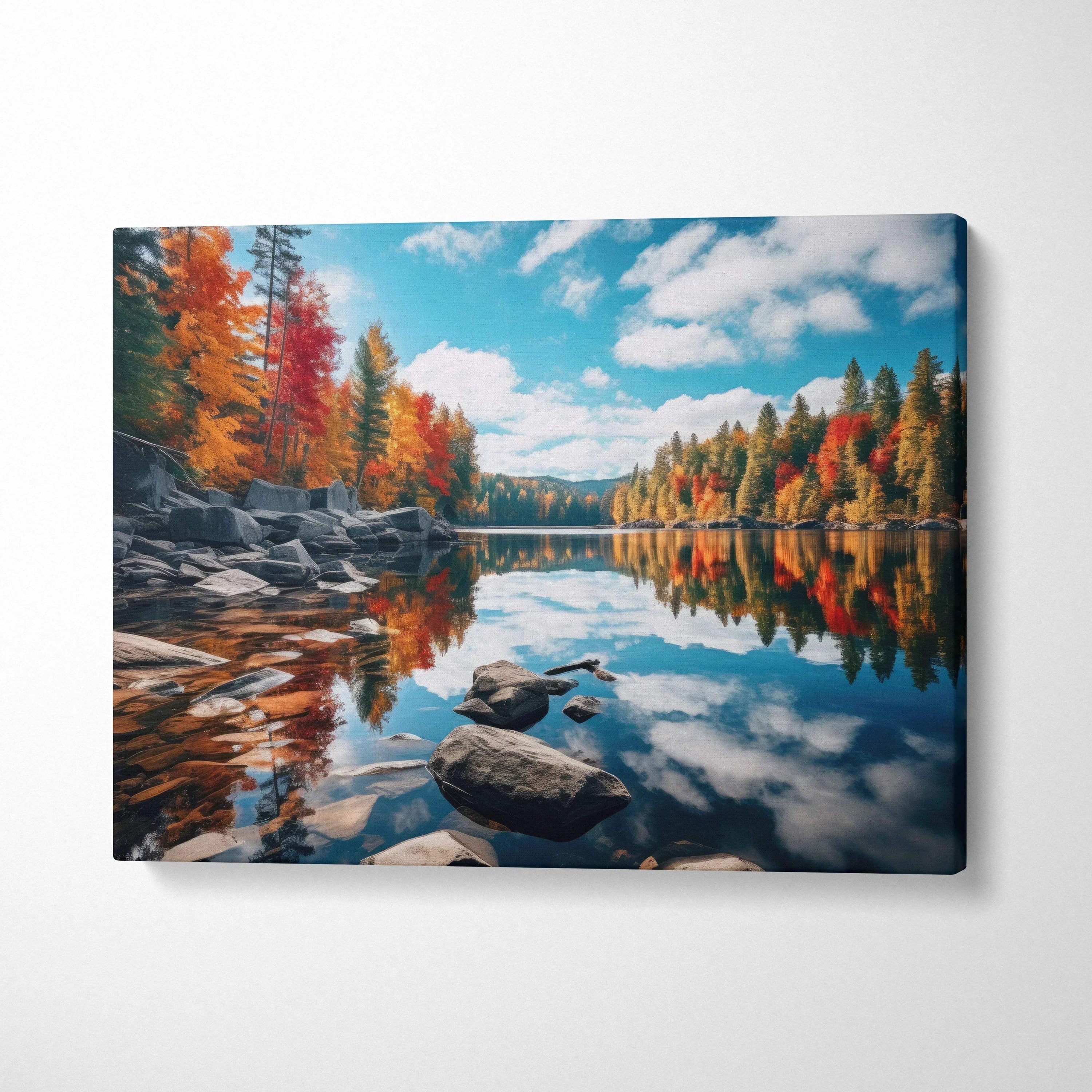 Vibrant autumn forest and lake digital art canvas with colorful foliage and clear blue sky wall art.