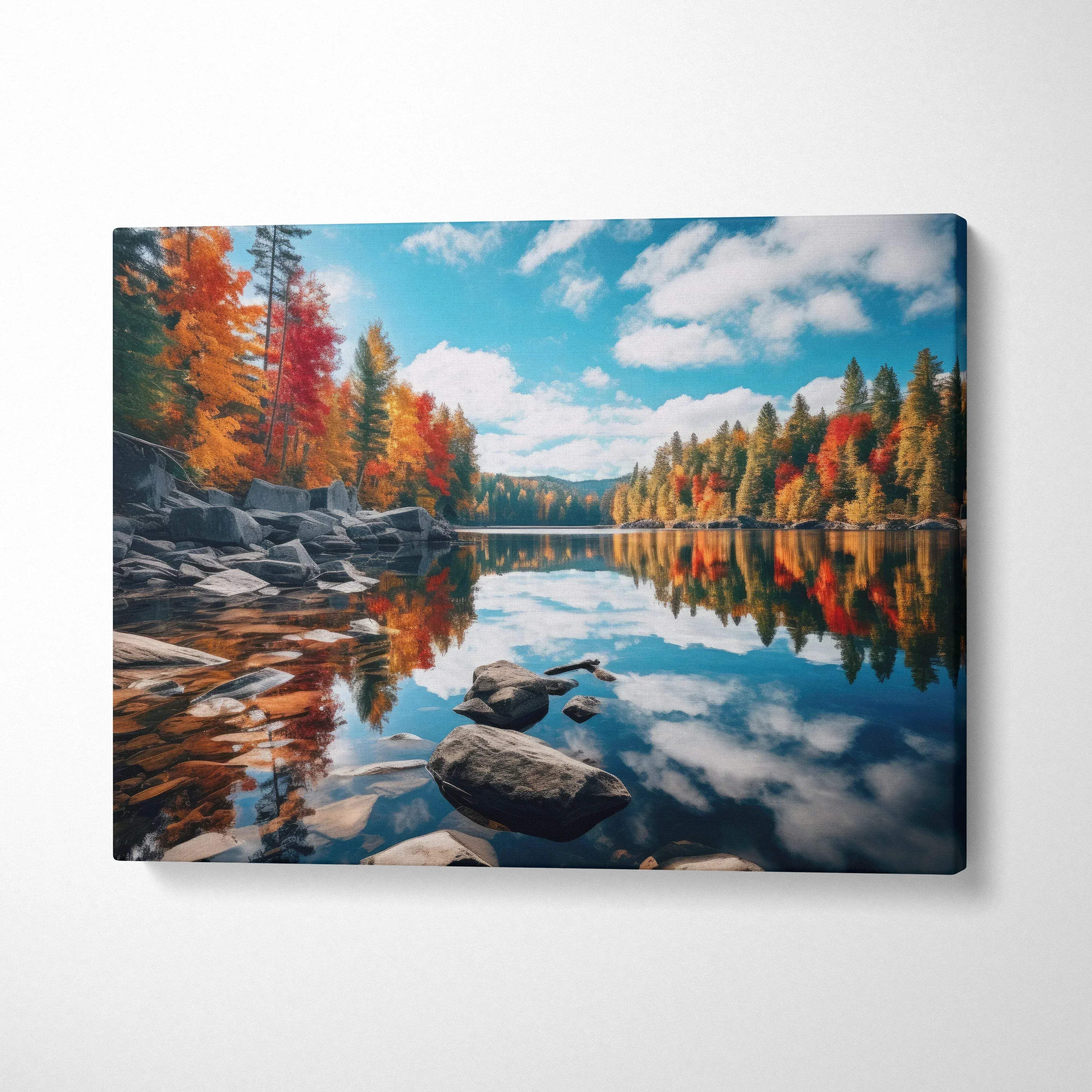 Vibrant autumn forest and lake digital art canvas with colorful foliage and clear blue sky wall art.