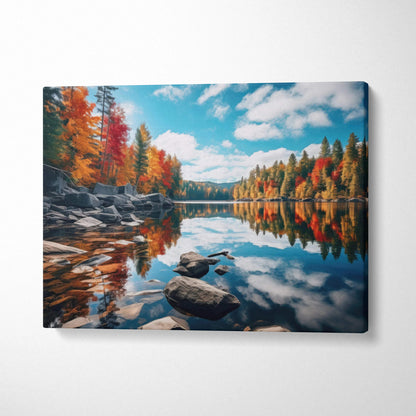 Vibrant autumn forest and lake digital art canvas with colorful foliage and clear blue sky wall art.