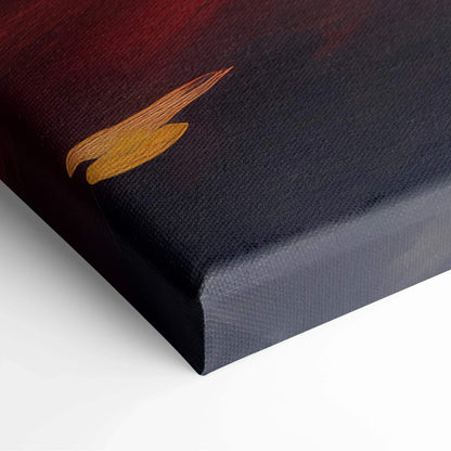 Corner close-up of autumn sunset canvas art with vibrant orange leaf and dark background wall art texture.