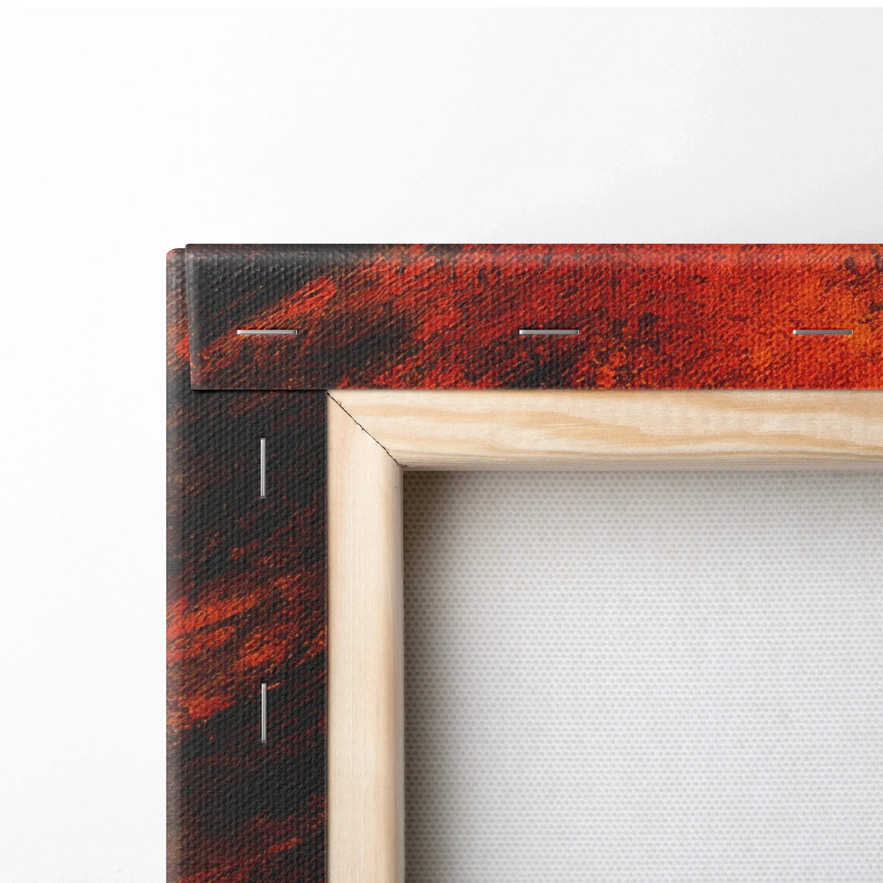 Close-up of canvas art corner with vibrant red autumn foliage and natural wooden frame for wall art.