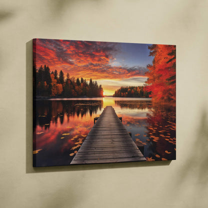 Autumn sunset landscape canvas wall art with vibrant fall foliage and wooden pier over calm lake.