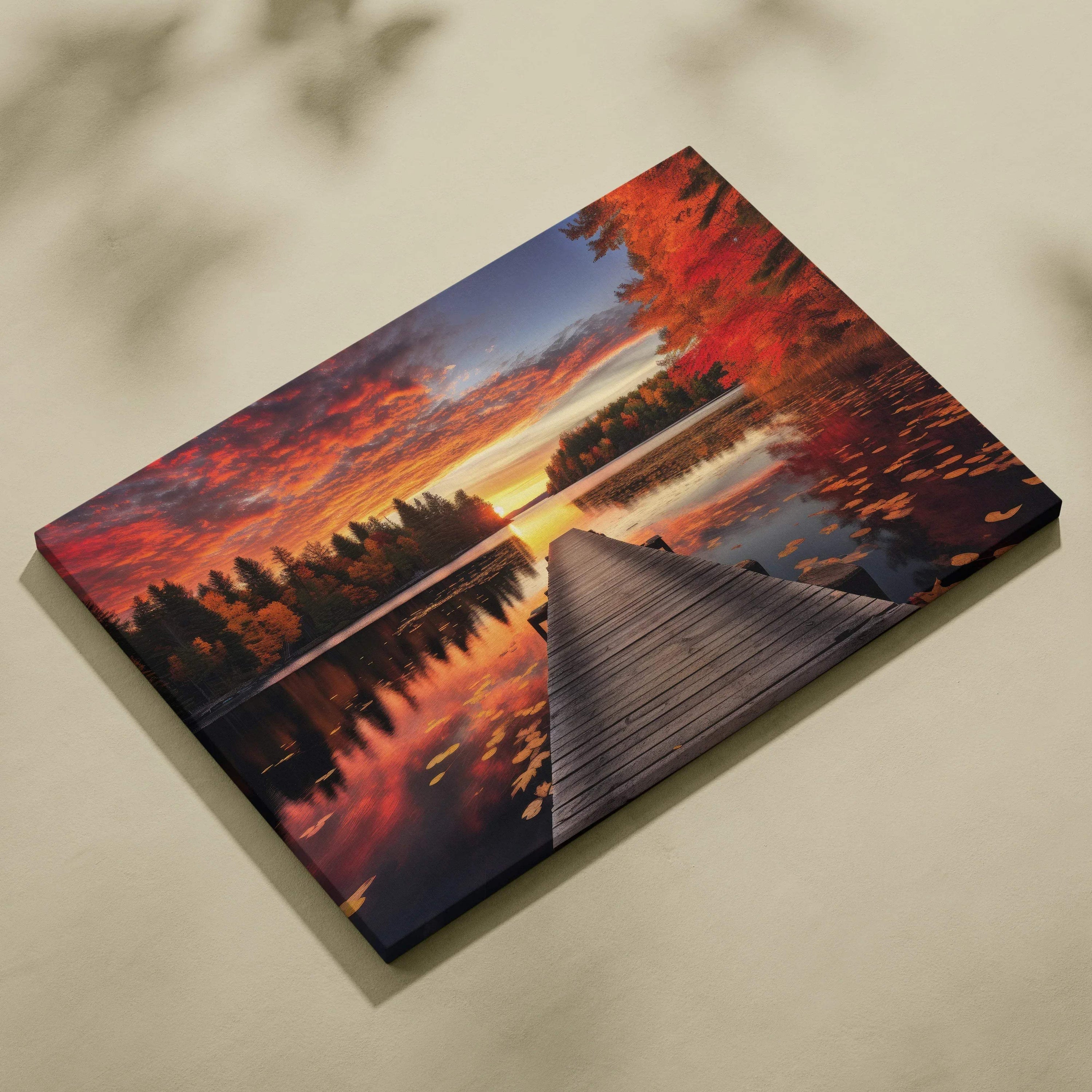 Autumn sunset landscape canvas art with vibrant red and orange foliage and wooden pier reflection wall art.