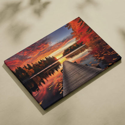Autumn sunset landscape canvas art with vibrant red and orange foliage and wooden pier reflection wall art.