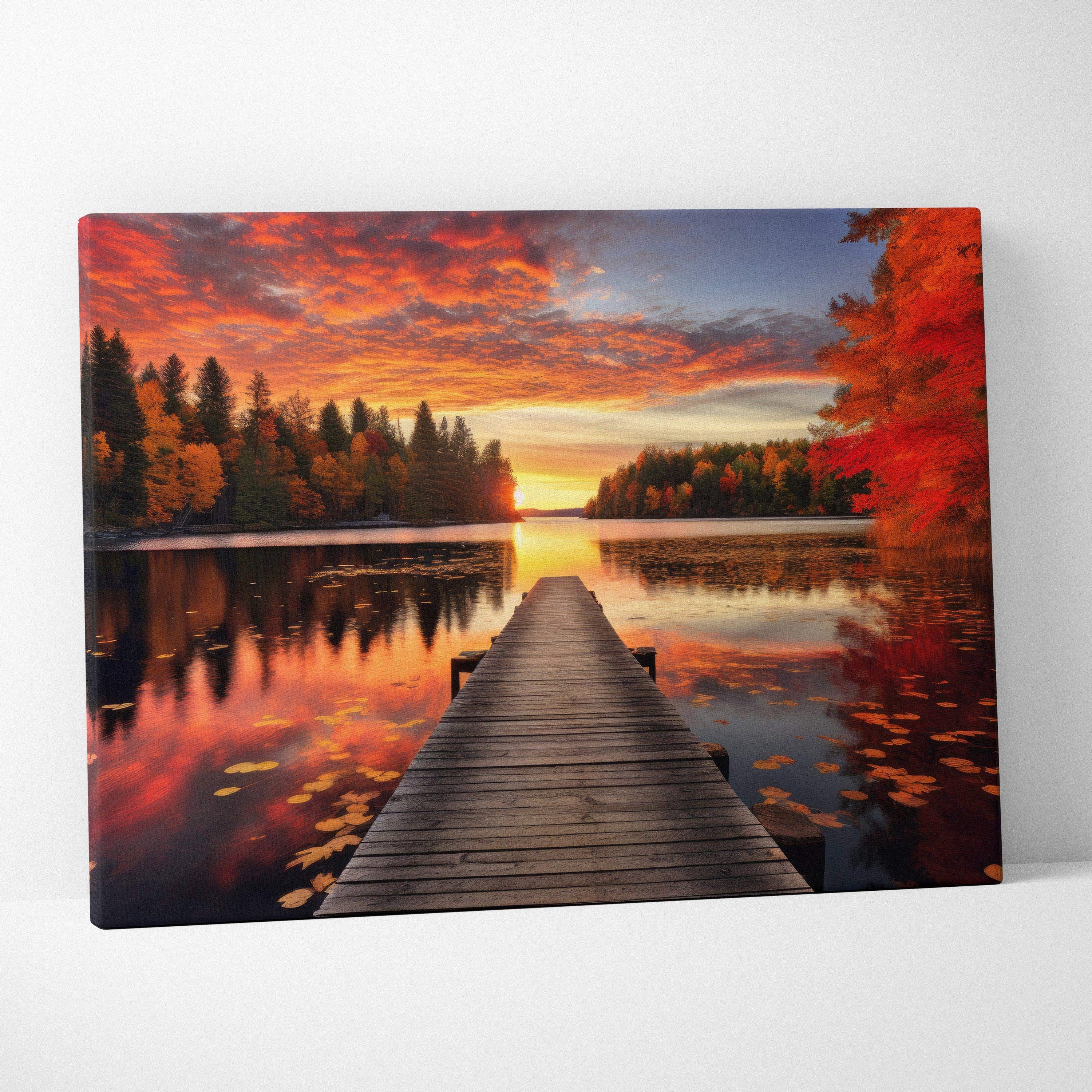 Autumn sunset landscape canvas art with vibrant fall foliage and wooden dock over calm water.