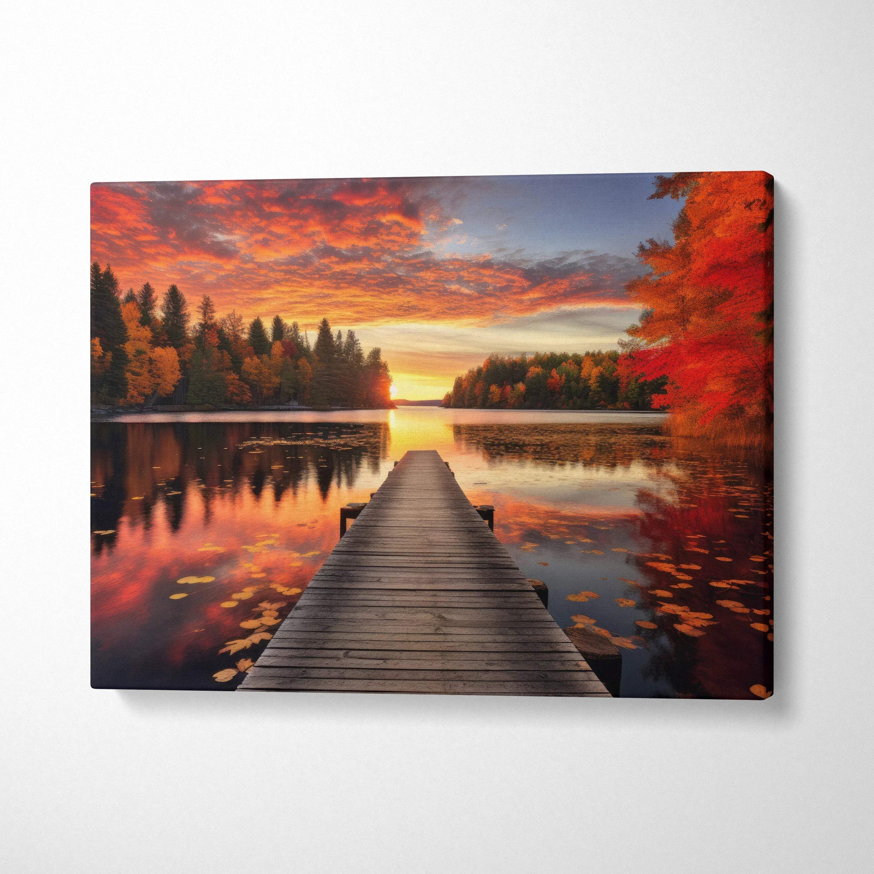 Autumn sunset landscape canvas art with vibrant fall foliage and wooden dock over water.