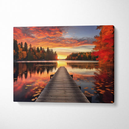 Autumn sunset landscape canvas art with vibrant fall foliage and wooden dock over water.