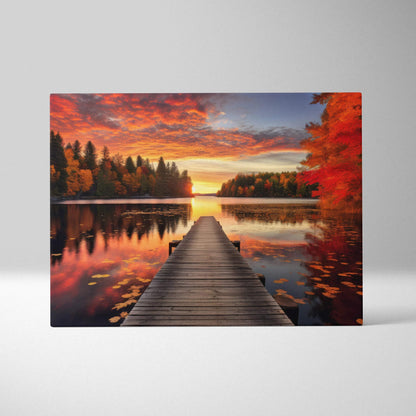 Autumn sunset landscape canvas art with vibrant fall foliage and golden sky over calm lake wall art.