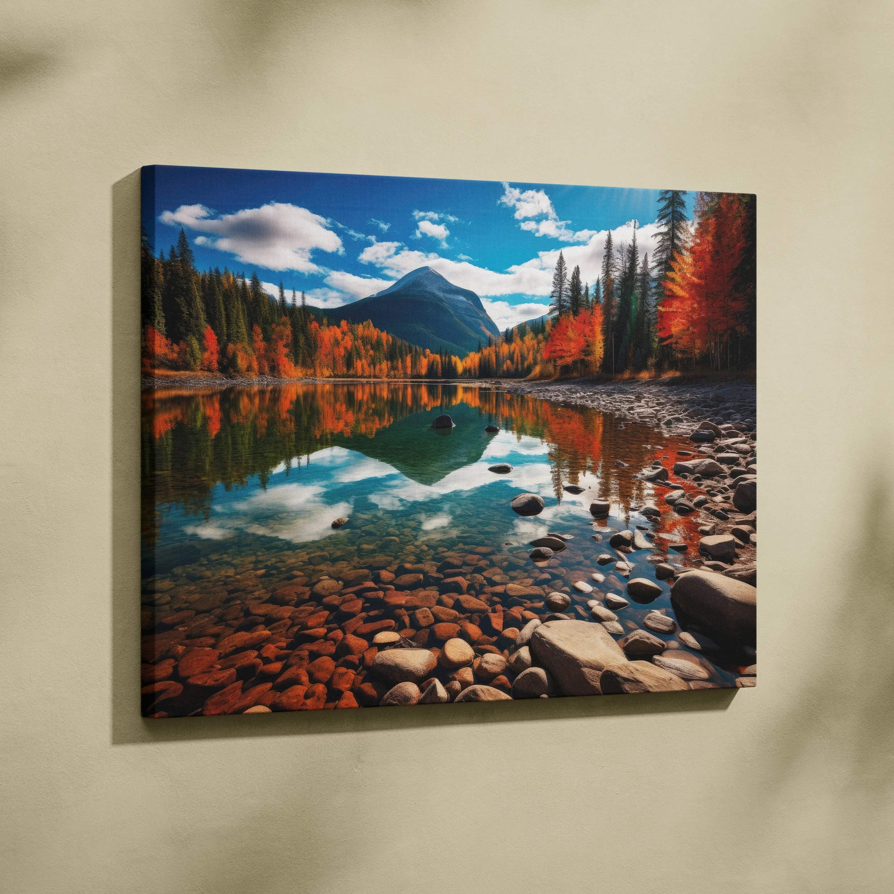 Autumn nature canvas art with vibrant fall foliage, golden hues, and reflective mountain lake wall art.