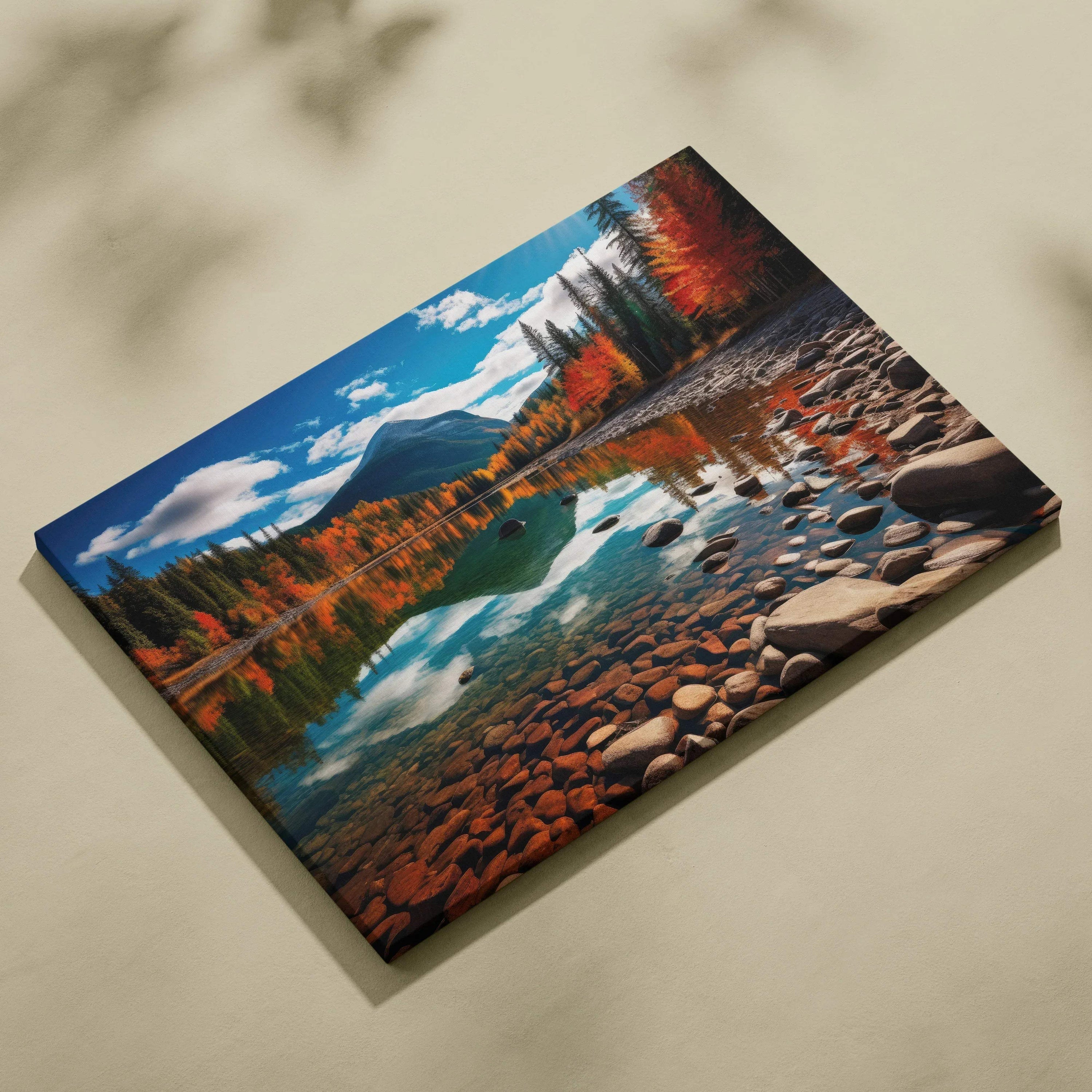 Vibrant autumn nature scene canvas art with colorful fall foliage and reflective lake wall art.