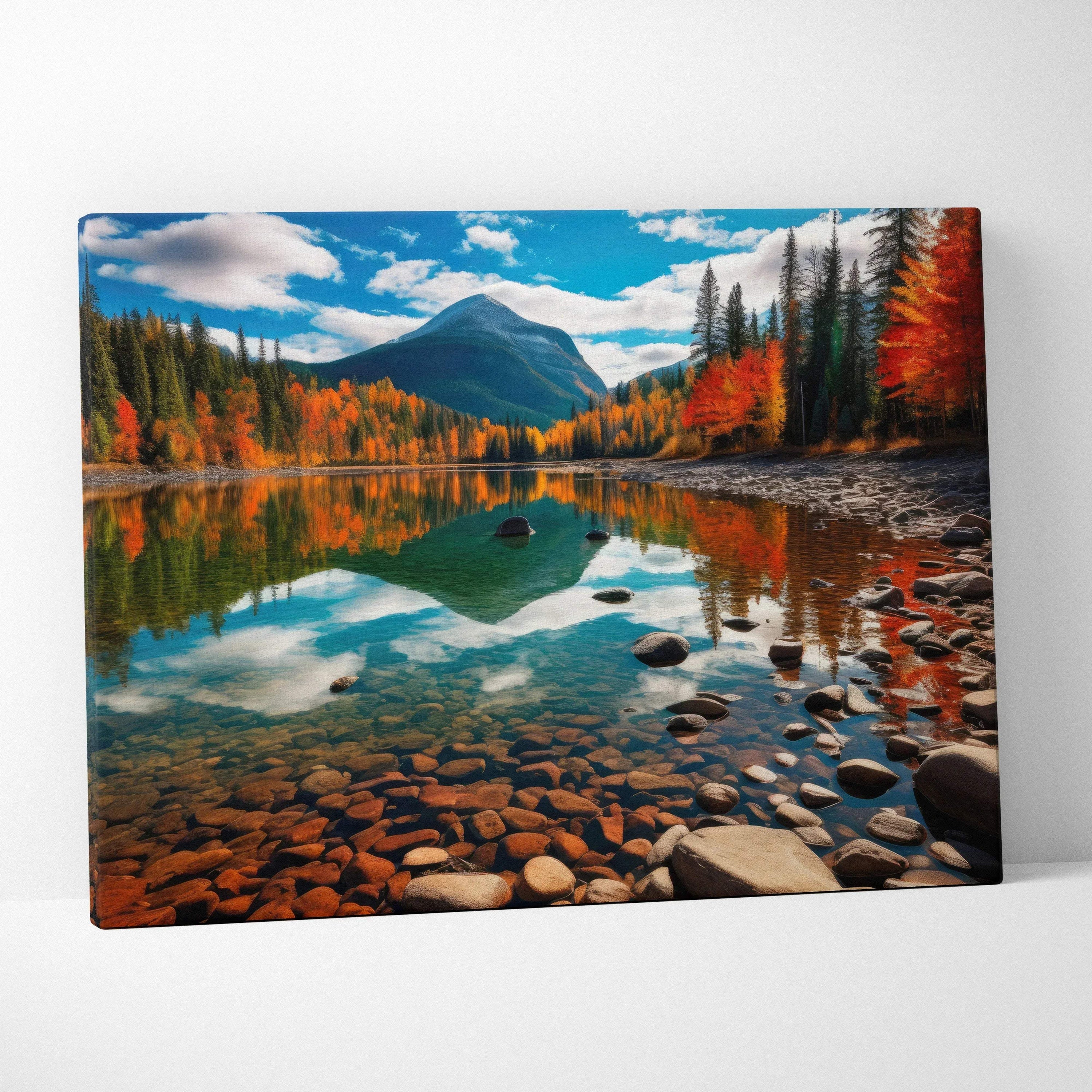 Canvas wall art featuring vibrant autumn foliage reflected in a clear lake with mountains and blue sky.