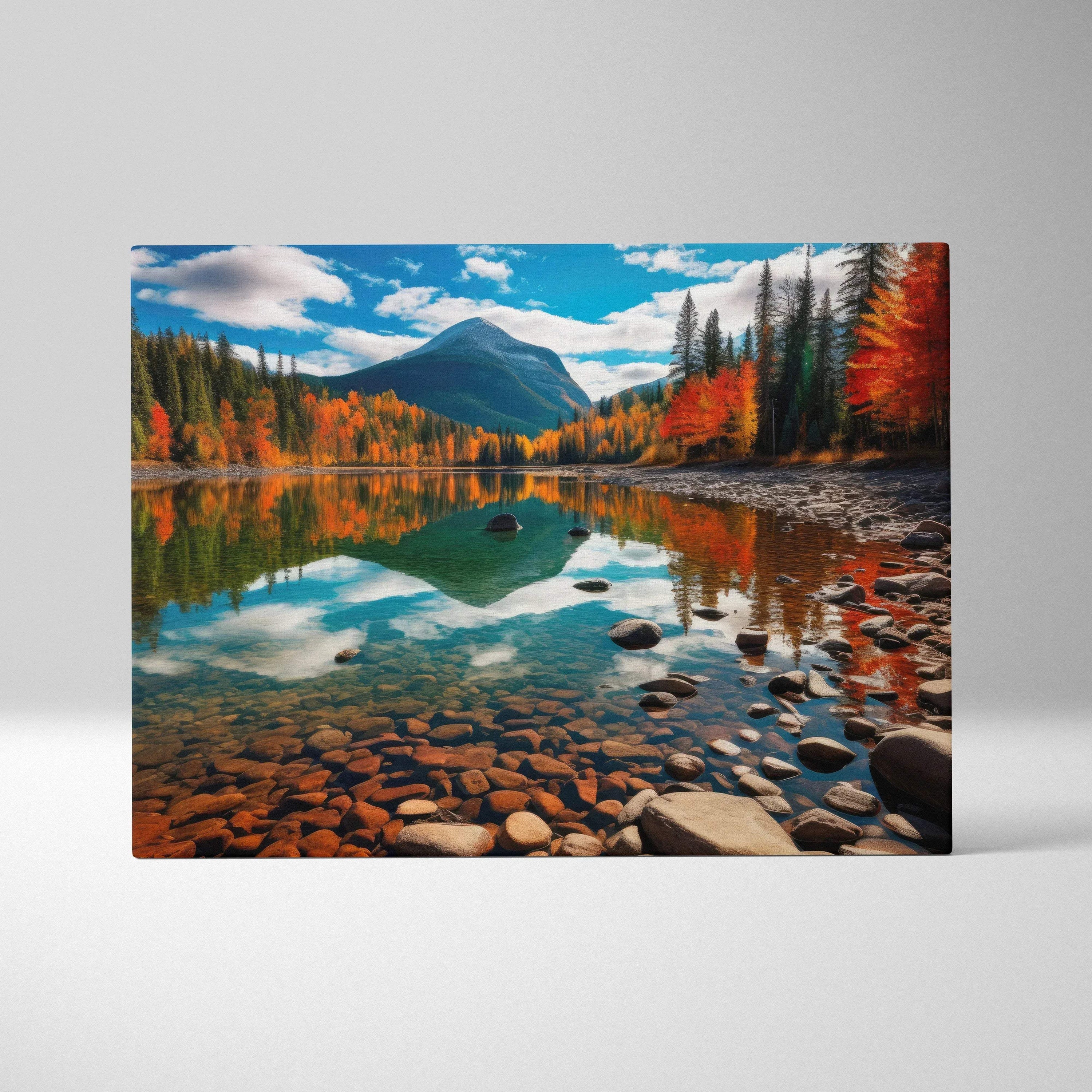 Autumn nature canvas art with vibrant fall foliage, mountain reflection, and golden lake shore stones.