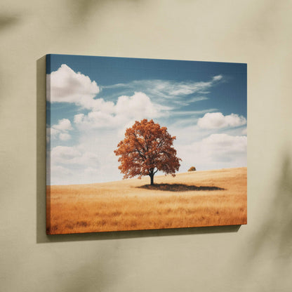 Canvas wall art featuring a vibrant autumn tree with orange foliage against a serene blue sky and golden field backdrop.