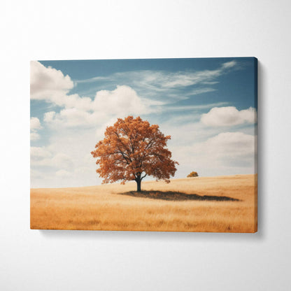 Canvas wall art featuring vibrant autumn foliage on a solitary tree in a golden field under a blue sky.