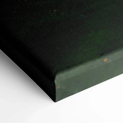 Wrapped canvas wall art print with dark forest green and black tones on textured surface corner view.