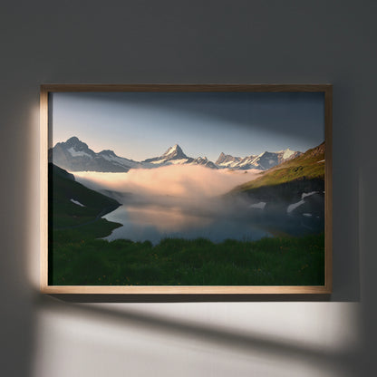 Majestic mountain landscape poster with fog over green valley, framed wall art with soft light.
