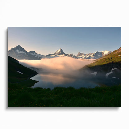 Majestic mountain landscape with morning fog over valley nature art poster wall art.