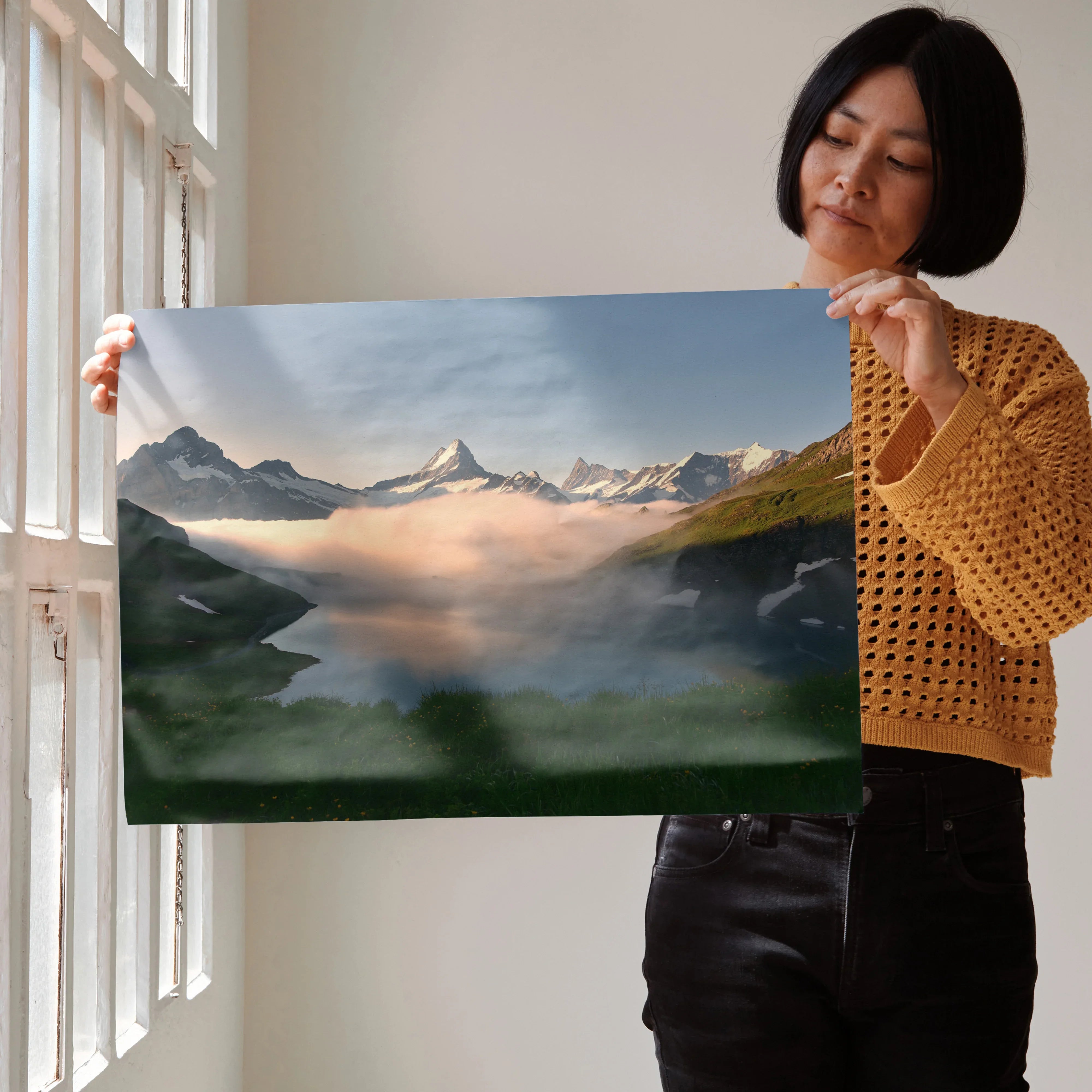 Majestic mountain landscape poster with clouds and valley, nature wall art print.