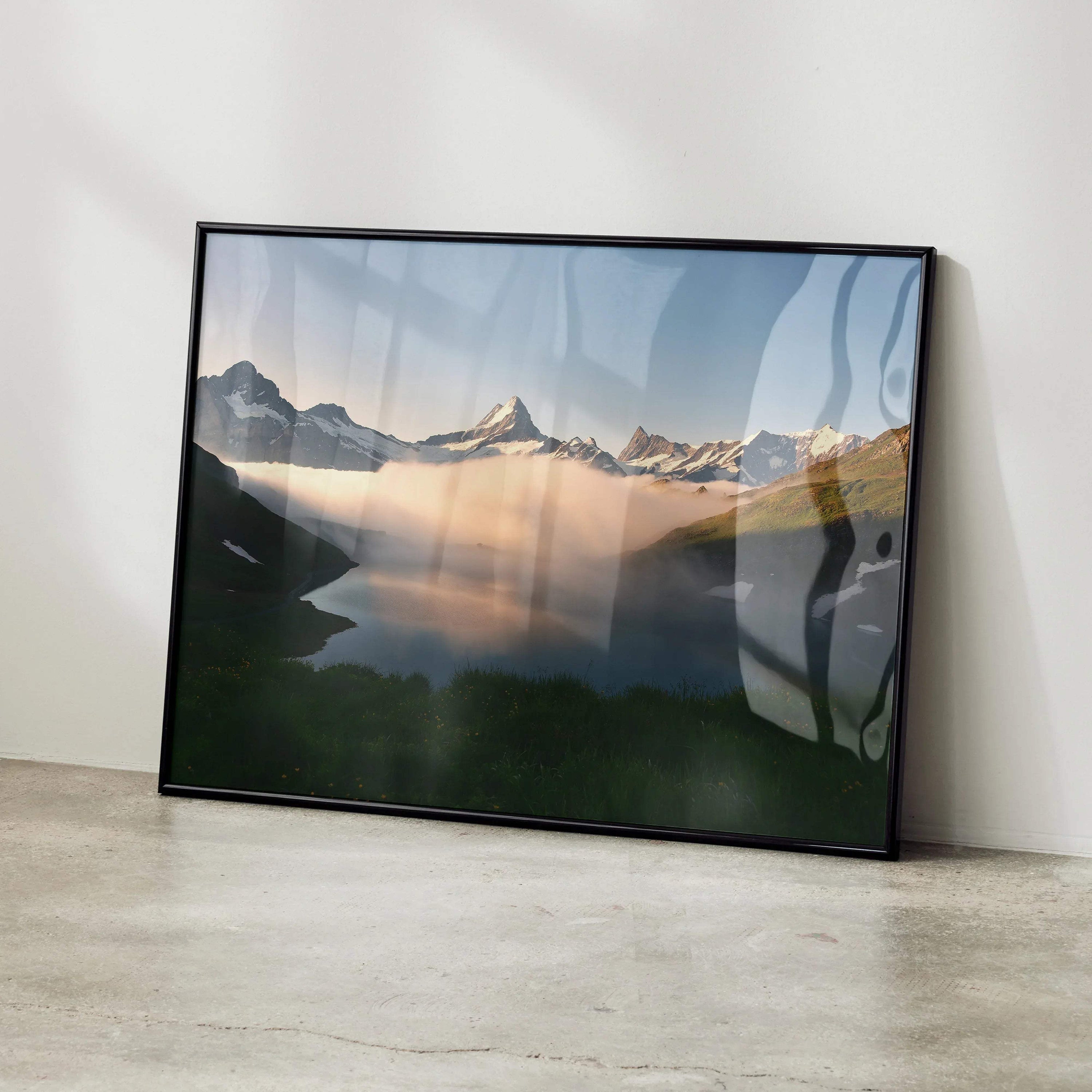 Majestic mountain landscape poster with snowy peaks and misty clouds, framed wall art.