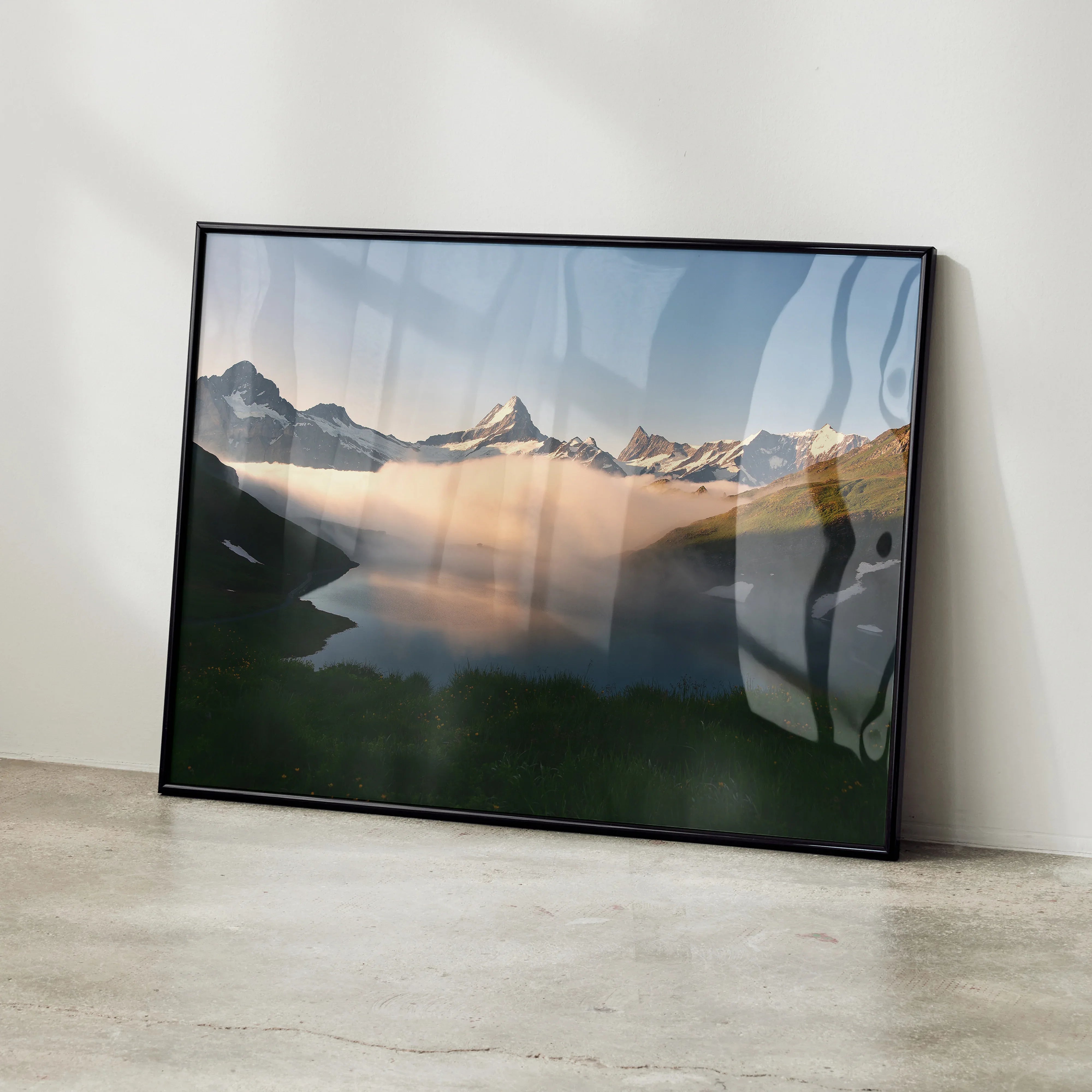 Majestic mountain landscape poster with snowy peaks and misty clouds, framed wall art.