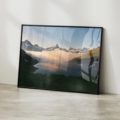 Majestic mountain landscape poster with snowy peaks and misty clouds, framed wall art.