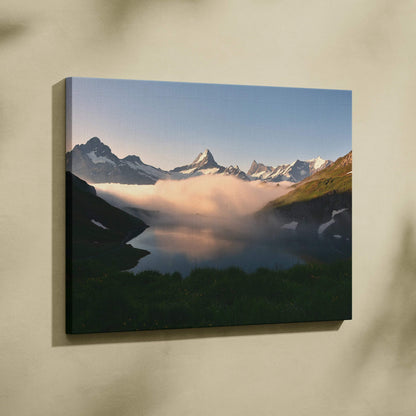 Majestic mountain landscape canvas wall art with morning fog and blue sky.