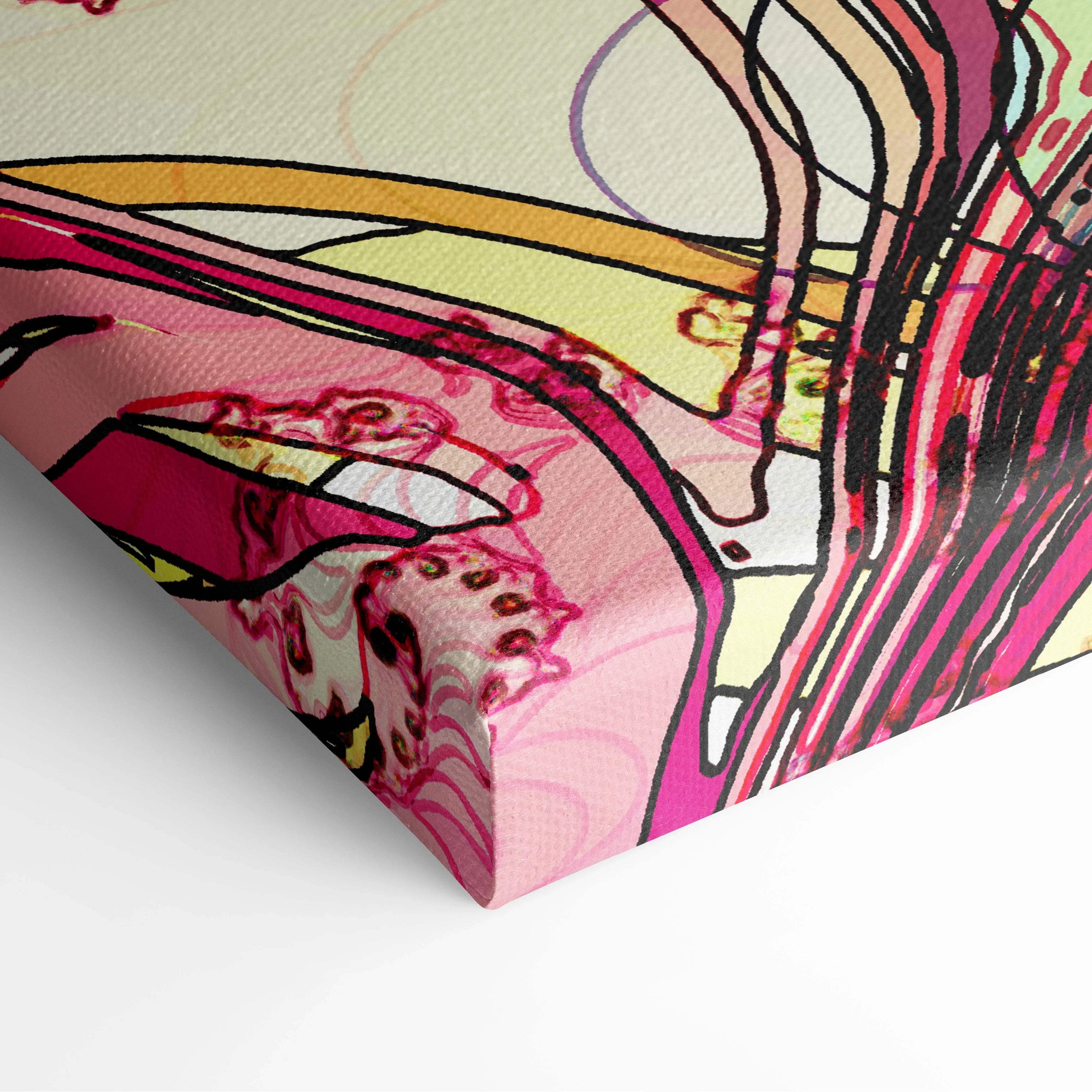 Vibrant abstract psychedelic canvas wall art with bold pink yellow black swirling lines
