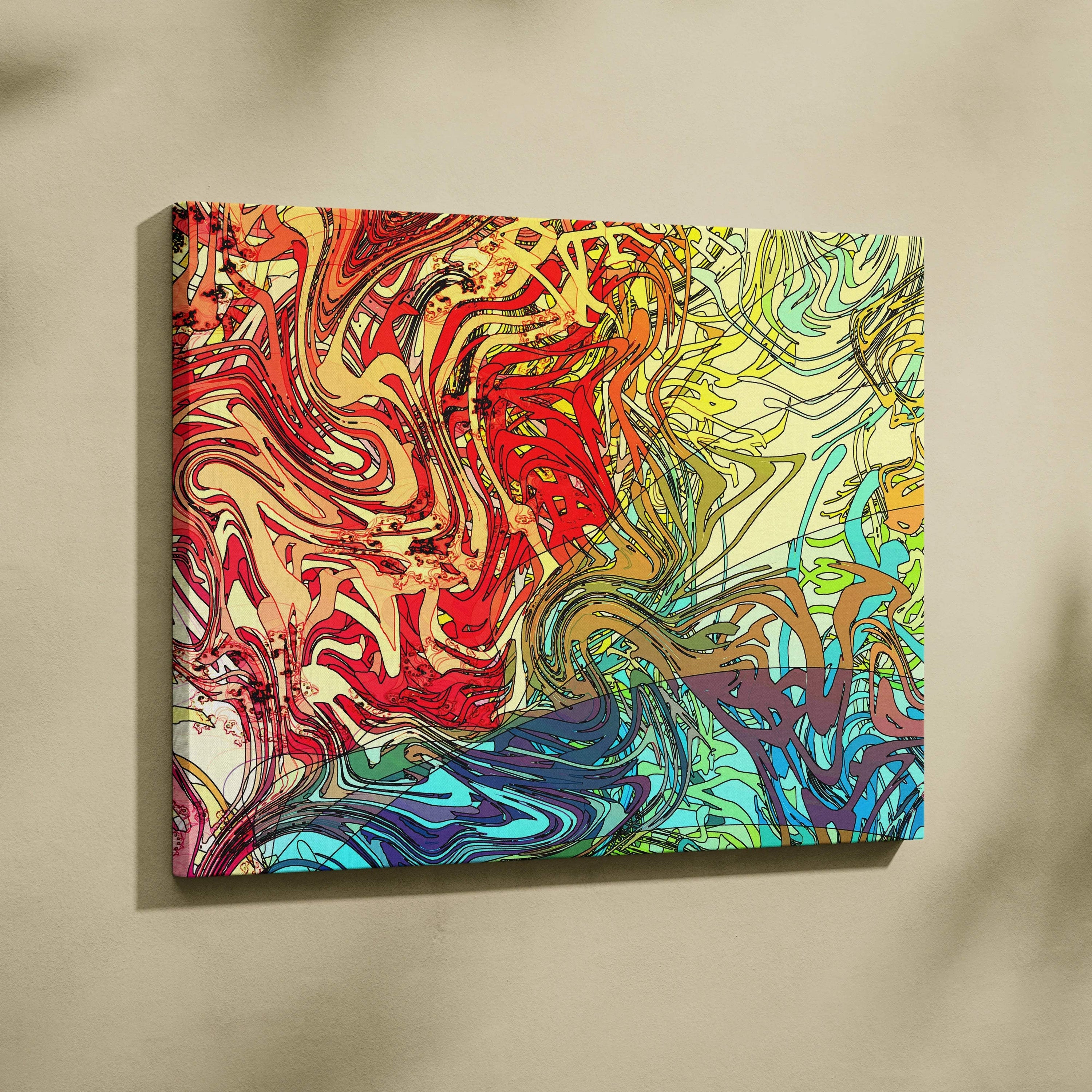 Vibrant abstract psychedelic canvas wall art with swirling lines in red yellow teal purple