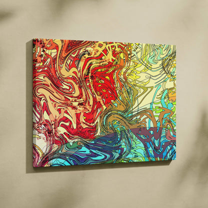 Vibrant abstract psychedelic canvas wall art with swirling lines in red yellow teal purple