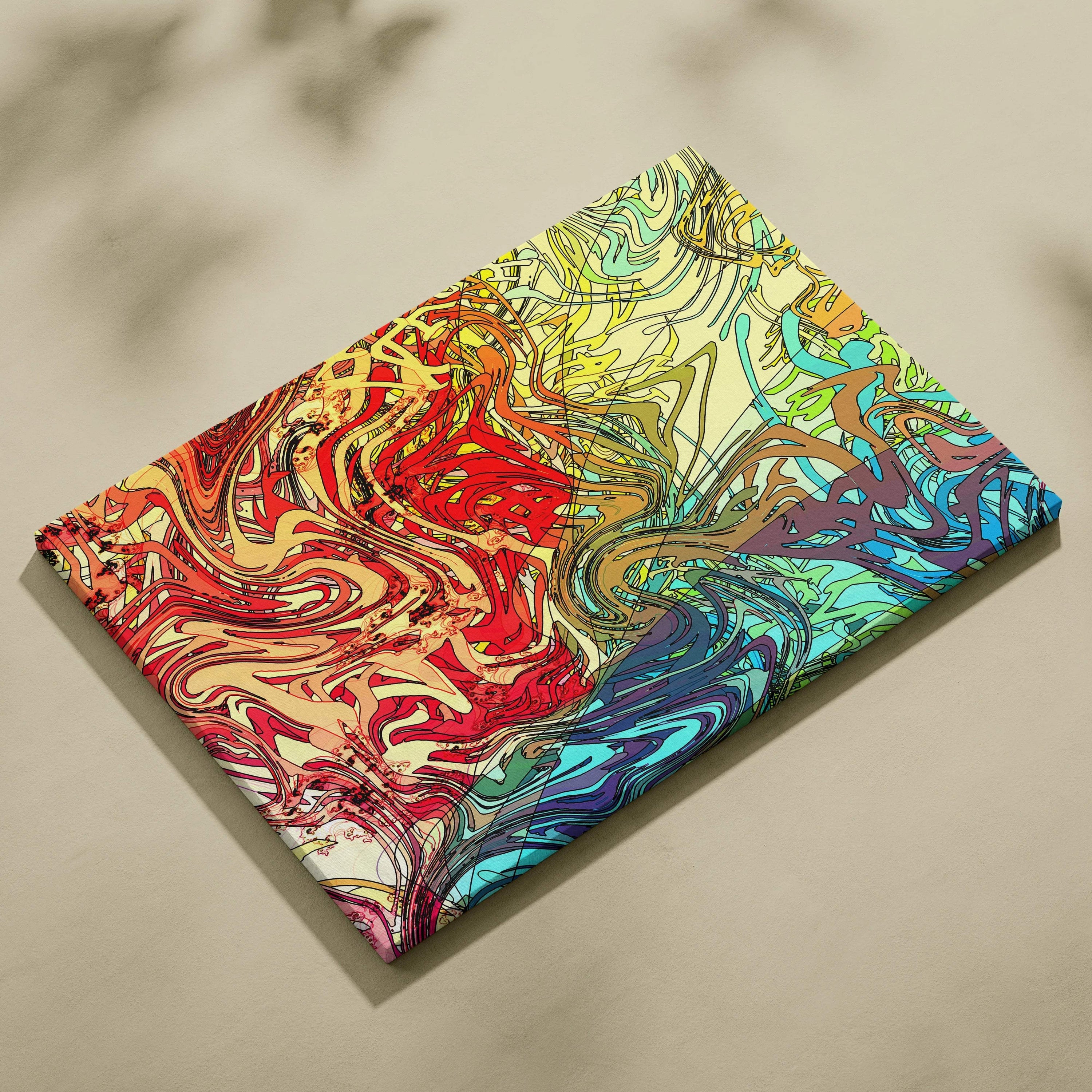 Vibrant psychedelic canvas wall art with swirling rainbow lines in red yellow teal purple
