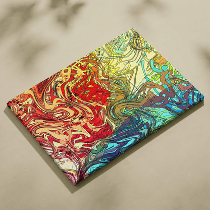 Vibrant psychedelic canvas wall art with swirling rainbow lines in red yellow teal purple