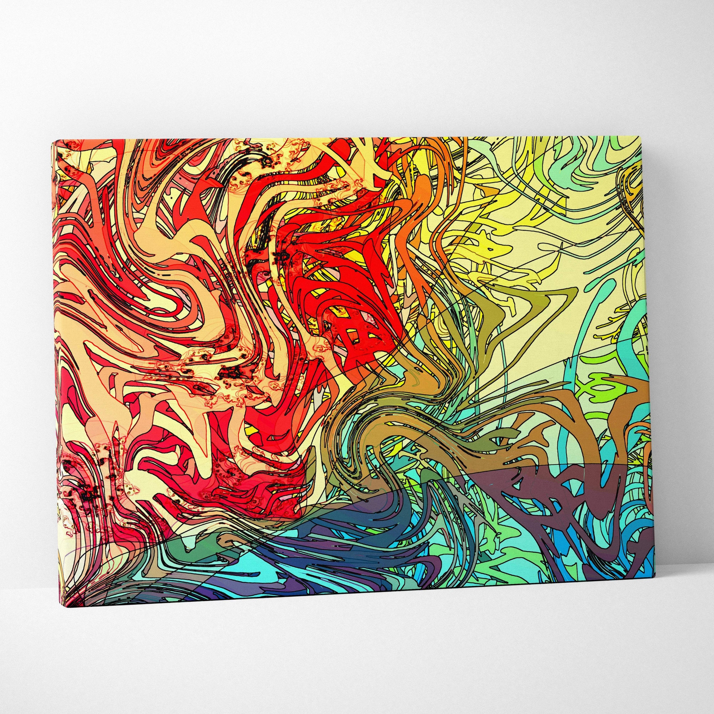 Vibrant psychedelic canvas wall art with swirling lines in red, yellow, teal, purple