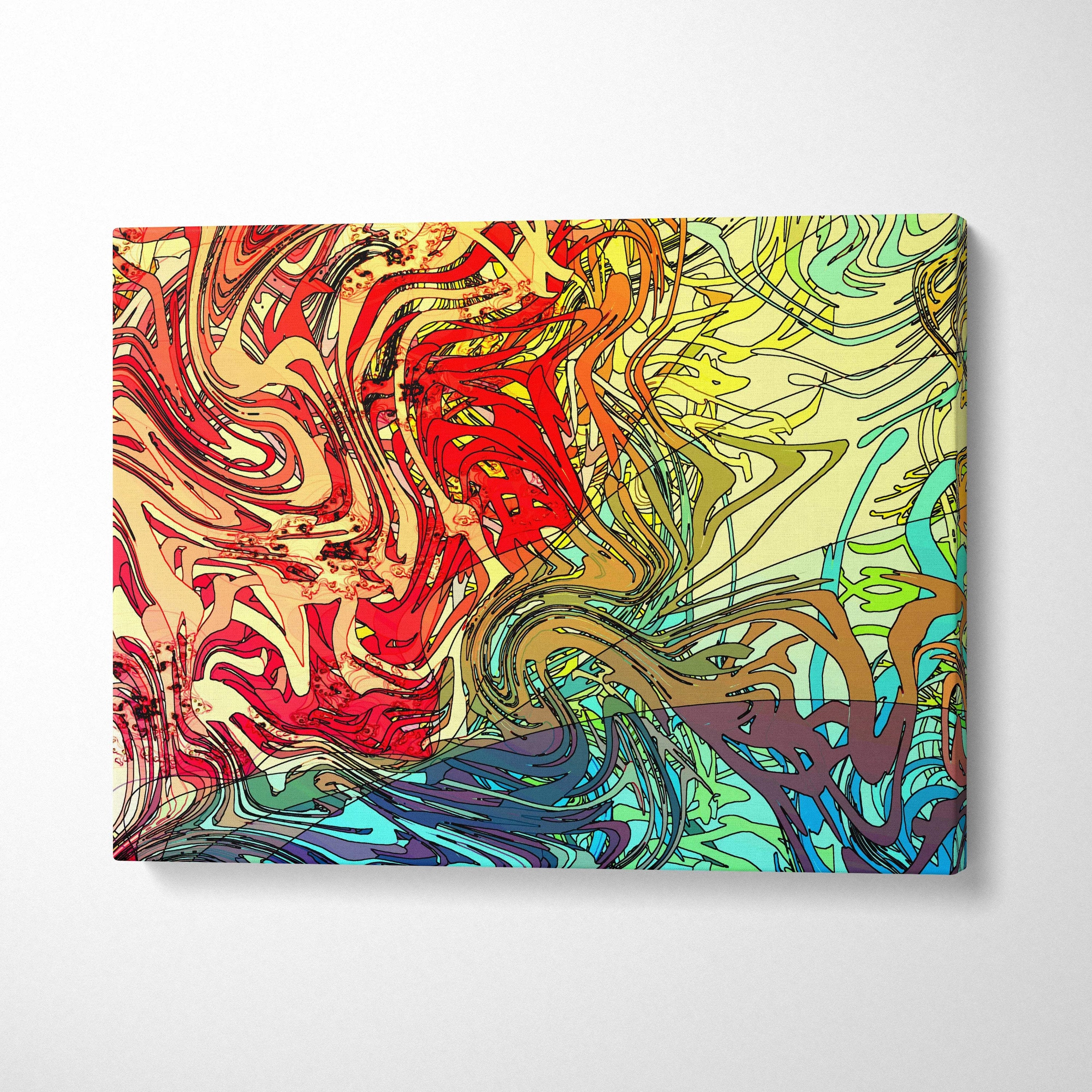 Vibrant abstract psychedelic canvas wall art with swirling lines in red yellow teal purple