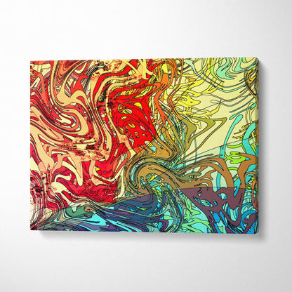 Vibrant abstract psychedelic canvas wall art with swirling lines in red yellow teal purple