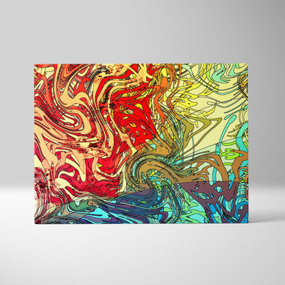 Vibrant psychedelic canvas wall art with swirling lines in red, yellow, teal, purple