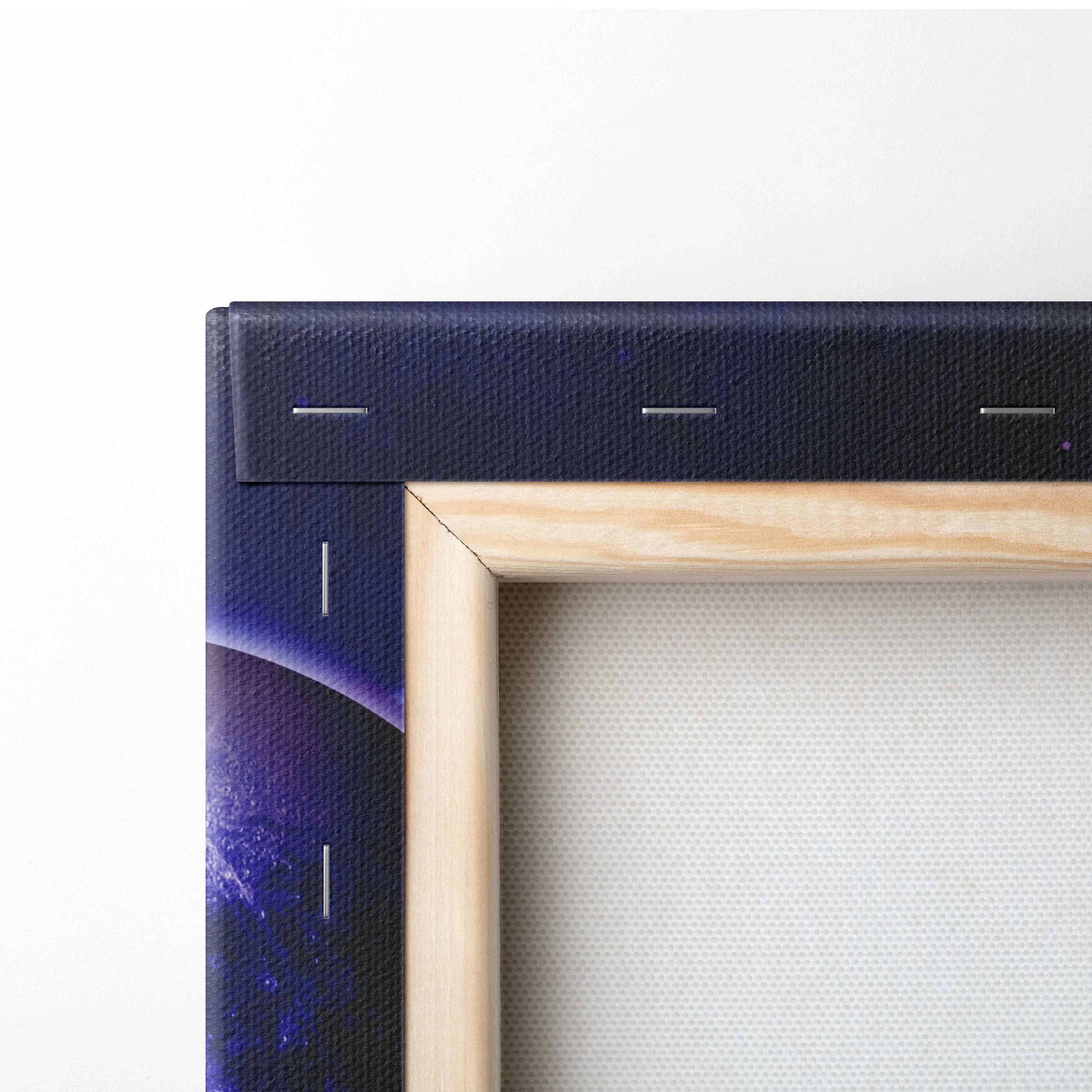 Epic space planets nebula canvas art in deep purple blue black with light wood frame
