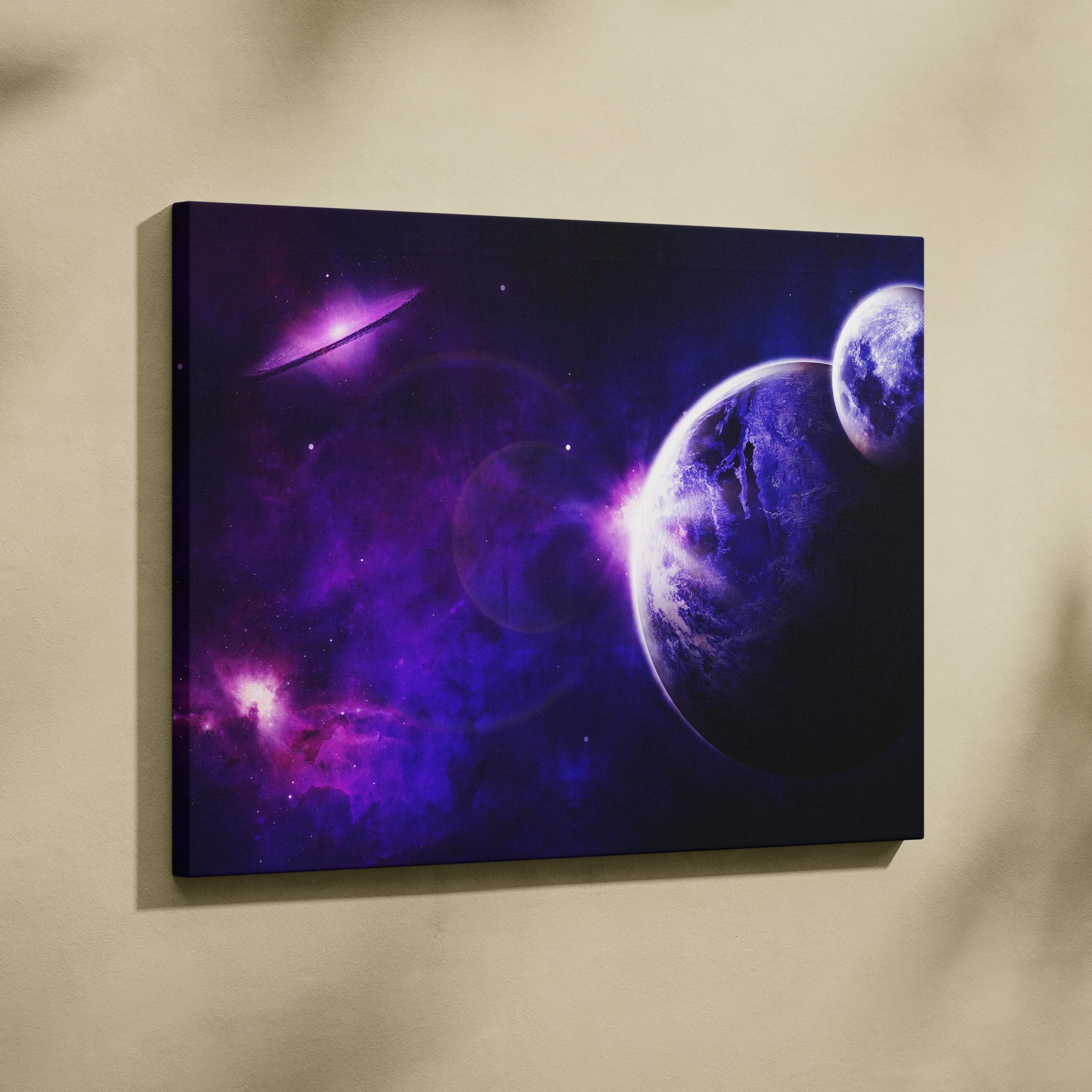 Epic purple blue cosmic canvas with planets nebulae UFO cinematic mood